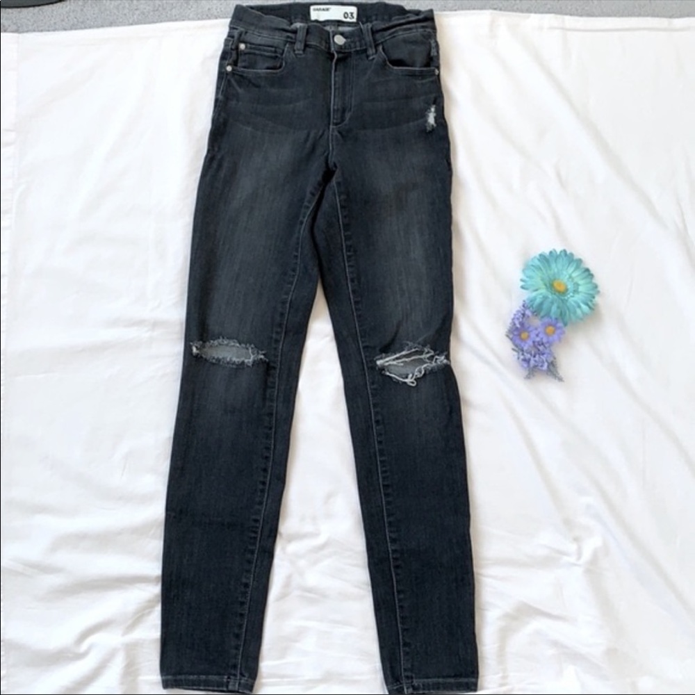 Garage clothing high rise black denim, distressing to knees, skinny, size 3
